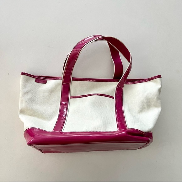 LANDS END Canvas & PINK Leather TOTE BAG - Open-top Snap Pockets MEDIUM - Picture 2 of 4